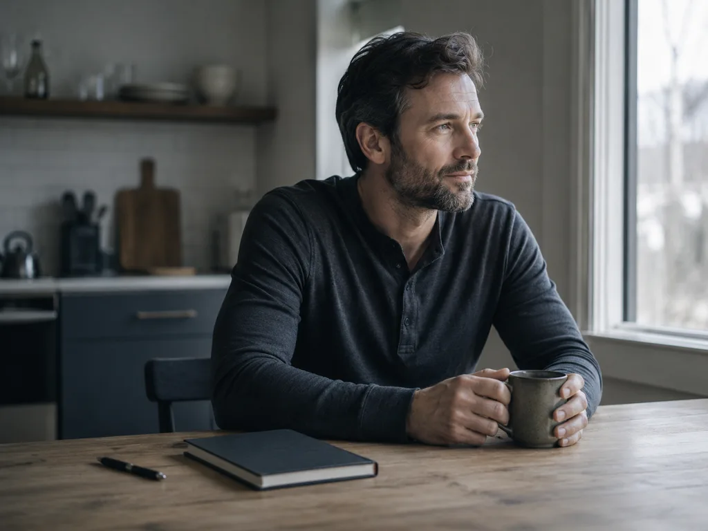 Adult man pausing at a kitchen table while weighing a change in his drinking.