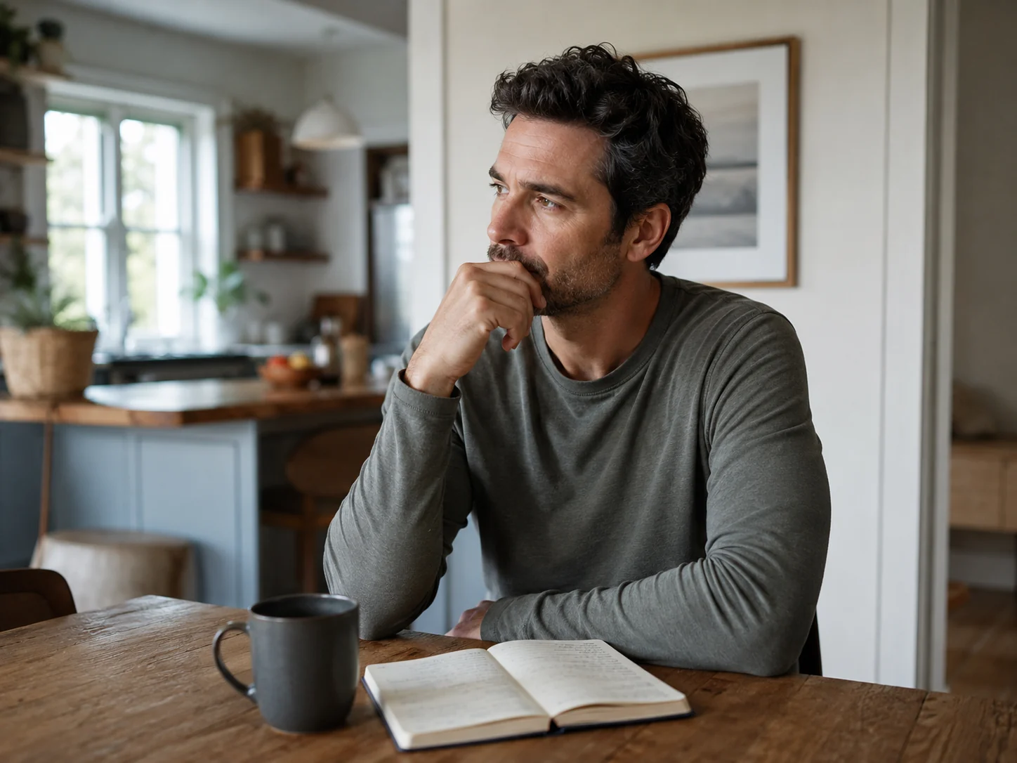 Adult man sitting at a kitchen table with coffee and a notebook while thinking about making a change.