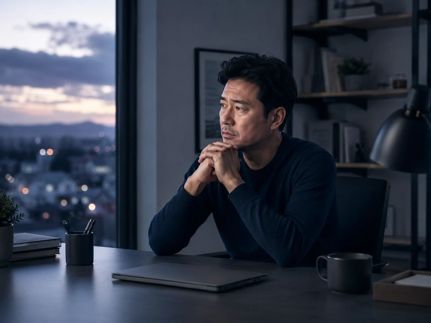 Adult man sitting quietly in an office at dusk while feeling mentally overloaded.