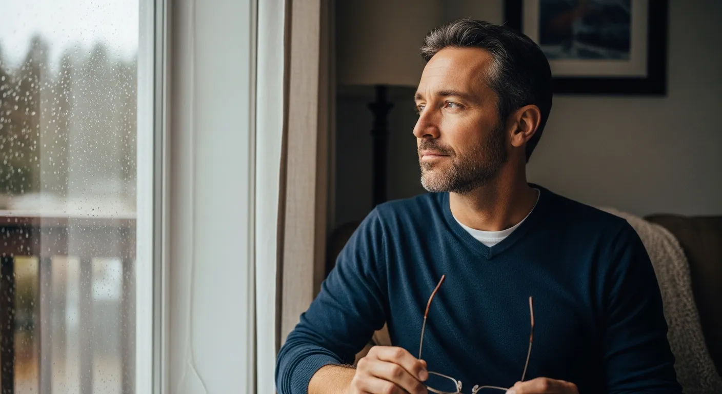 Adult man sitting in a new apartment with moving boxes while facing a major life transition.