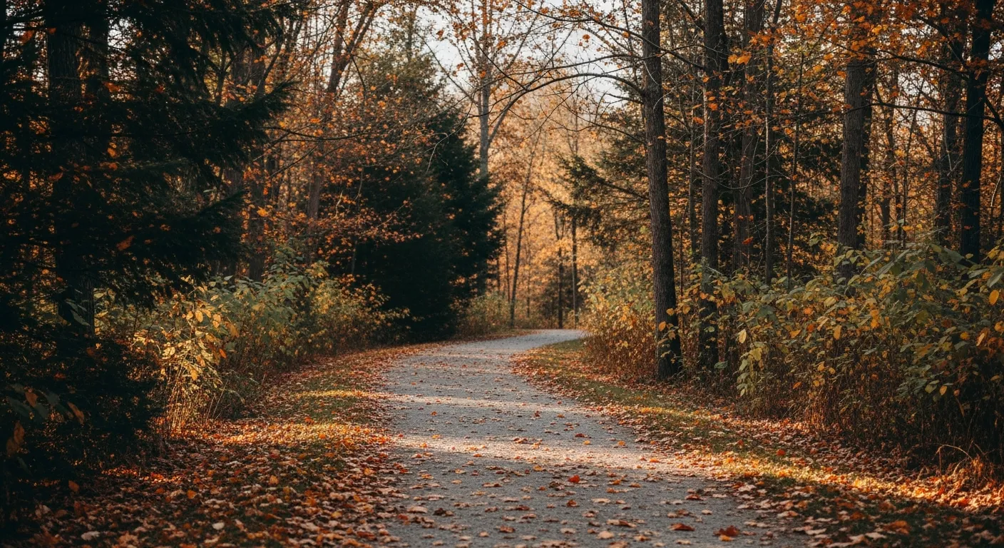 Adult man walking on a tree-lined Northern Virginia trail while reflecting on life pressure.