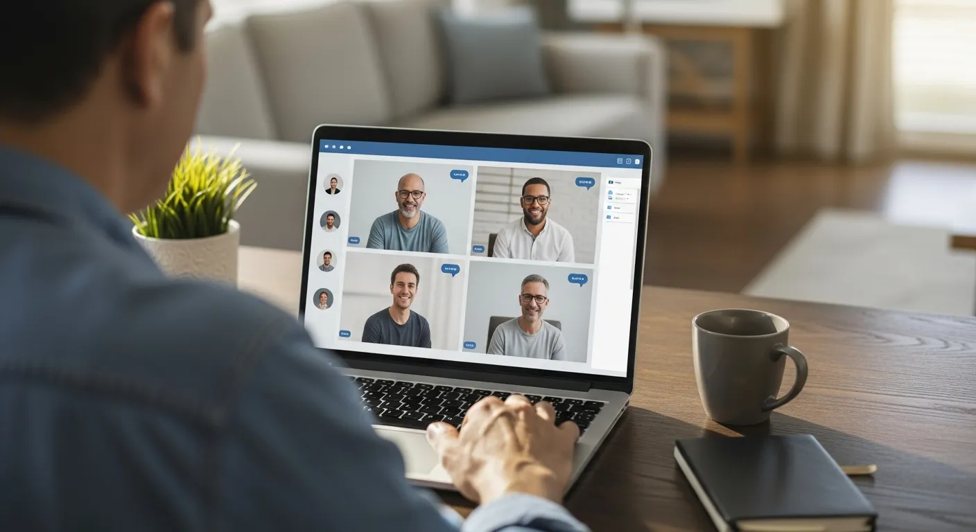 A calm virtual meeting representing a possible future online men's group.