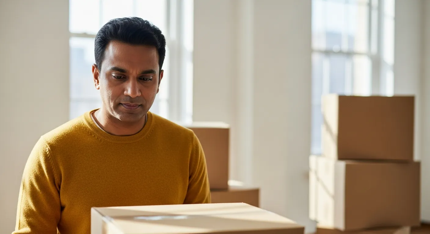 Man pausing beside packed moving boxes in a bright empty apartment during a major life change.
