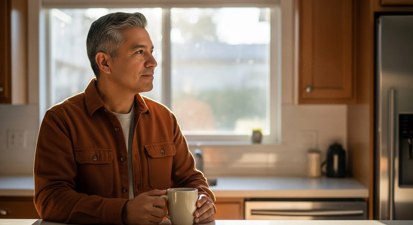 Man at his kitchen counter with morning coffee, looking out the window and resolved to keep going.