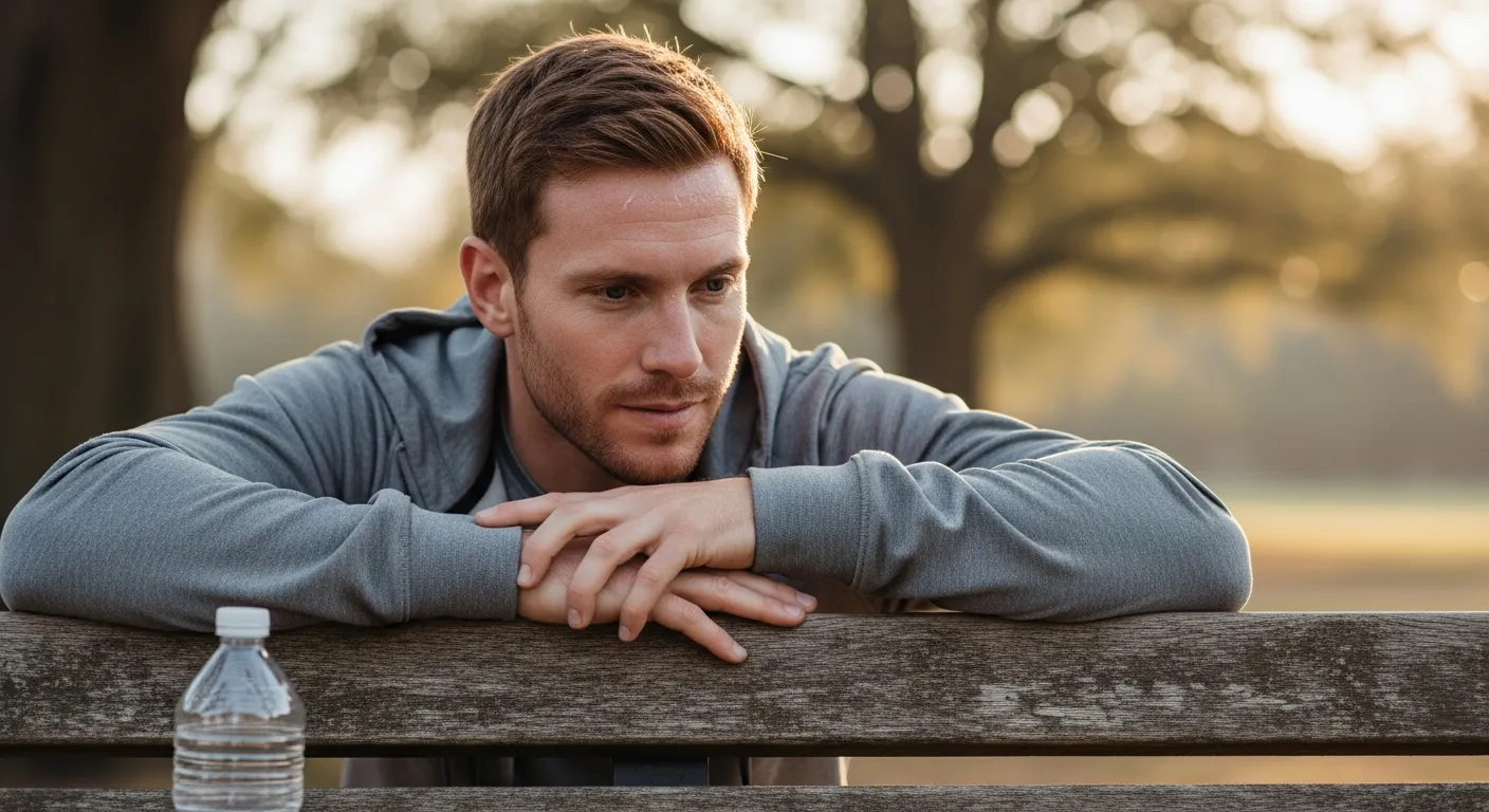 Man resting on a park bench after a run, weighing whether to reach out for support.