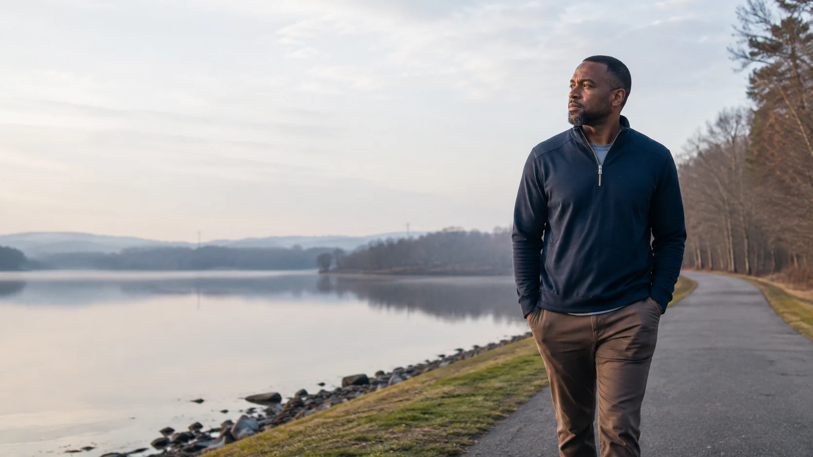 Adult man walking beside a quiet Northern Virginia lake while considering therapy.