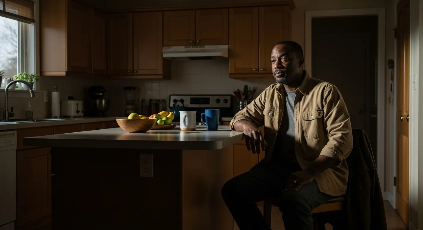 An adult man reflecting quietly at home after a demanding day.