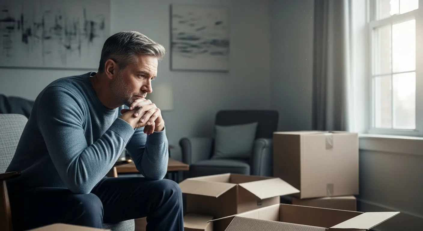 A man reflecting during a major relationship and life transition.
