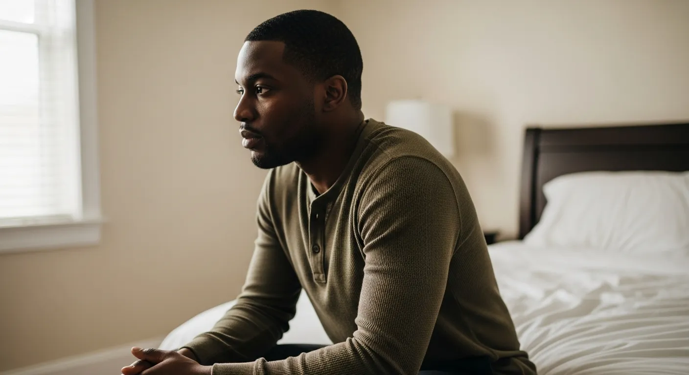 Man sitting alone at the edge of a bed in the evening, quietly processing strain in his relationship.