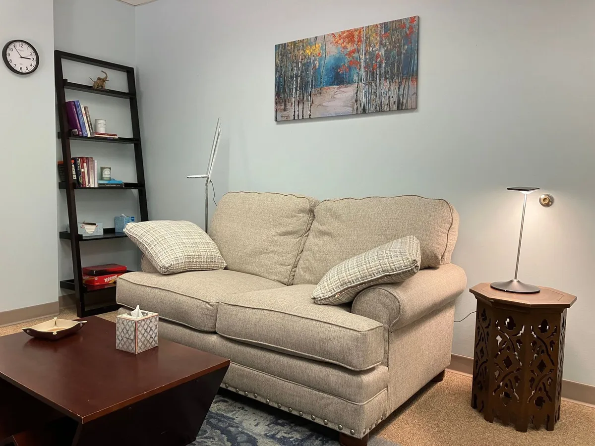 Calm therapy office seating area in Falls Church, Virginia, where first sessions take place.