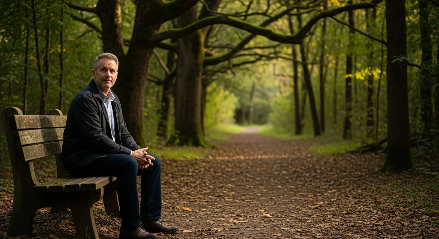 A man reflecting on difficult past experiences with steadiness.